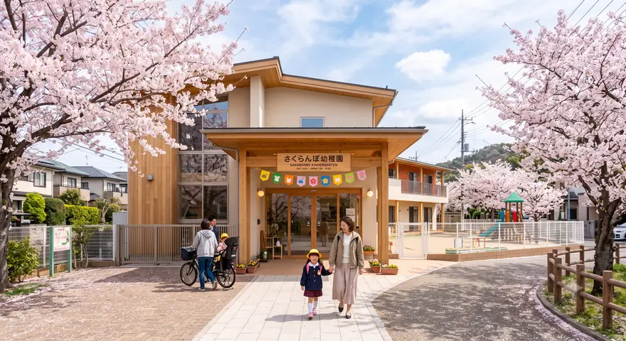 桜の咲く園庭と、登園する親子のイメージ