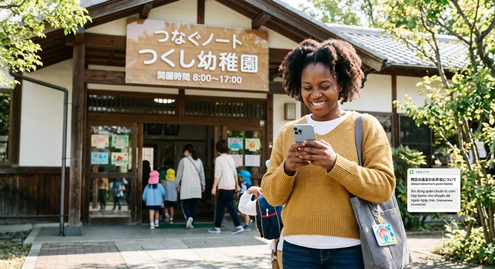園の前で、日本語とベトナム語が並んだお知らせをスマートフォンで読む保護者のイメージ