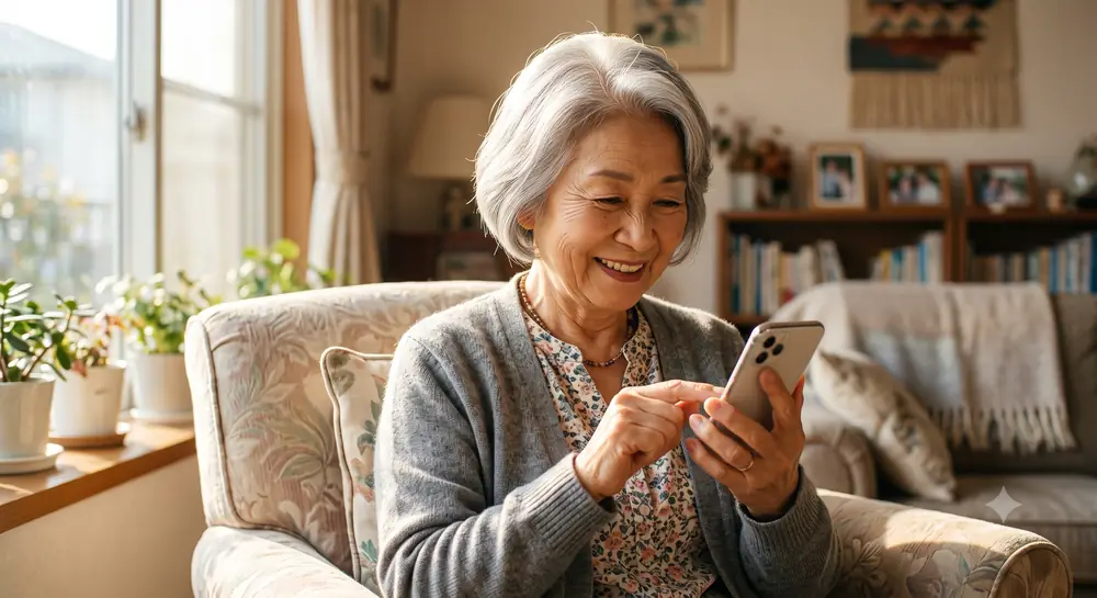 自宅でスマートフォンの大きな画面を見るご高齢の方のイメージ